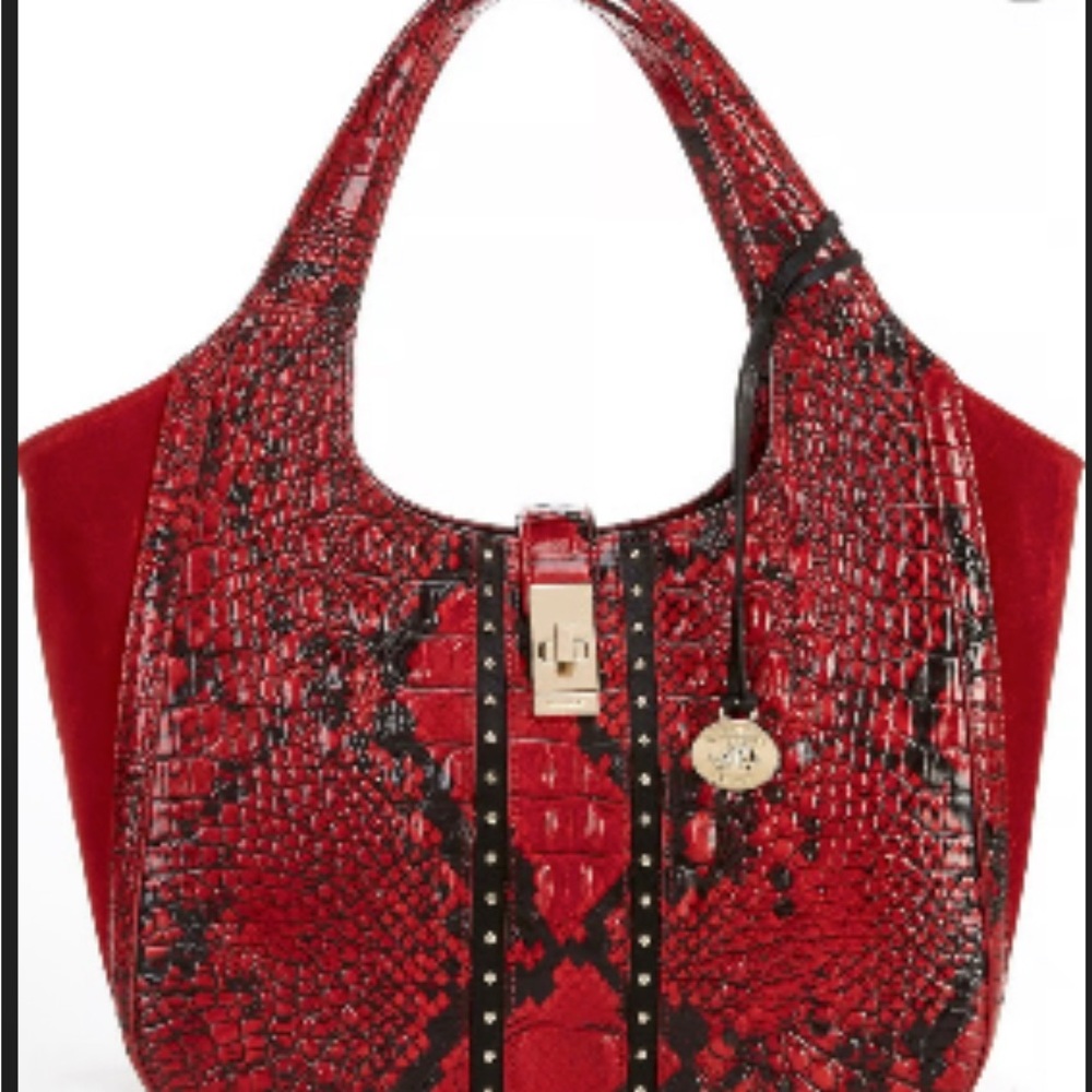 Brahmin Red and Black Shoulder Bag with Textured Crocodile Finish and Suede Side